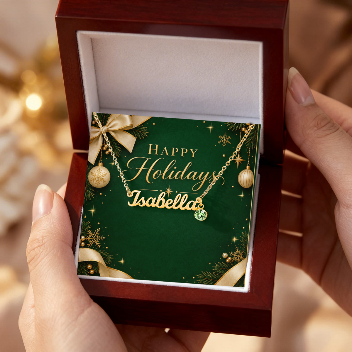 Custom Happy Holidays Name Necklace with Birthstone – Personalized Christmas Gift for Women