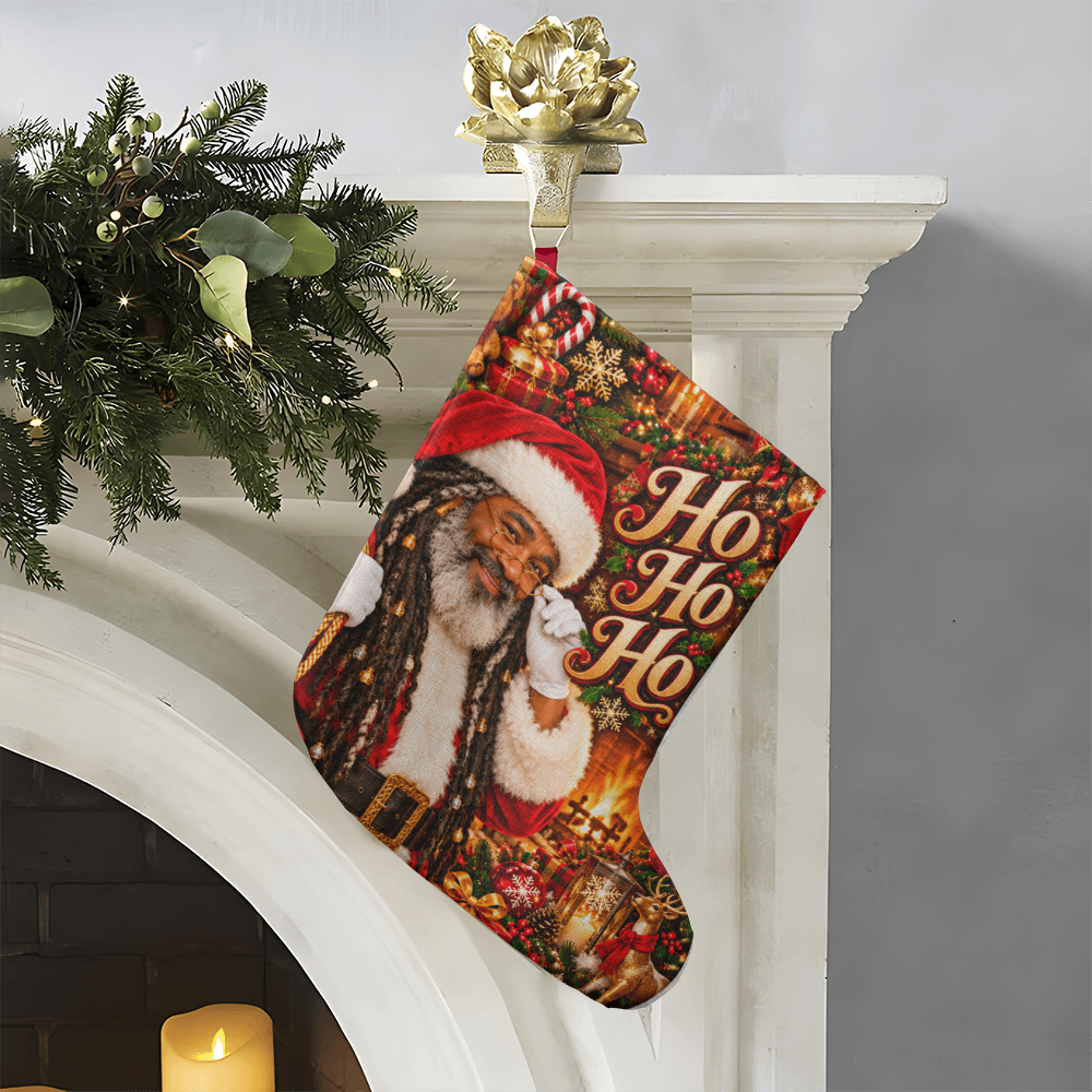 Ho Ho Ho Brown Skinned Santa Giant Christmas Stocking – Faux Locs Santa Oversized Holiday Stocking
