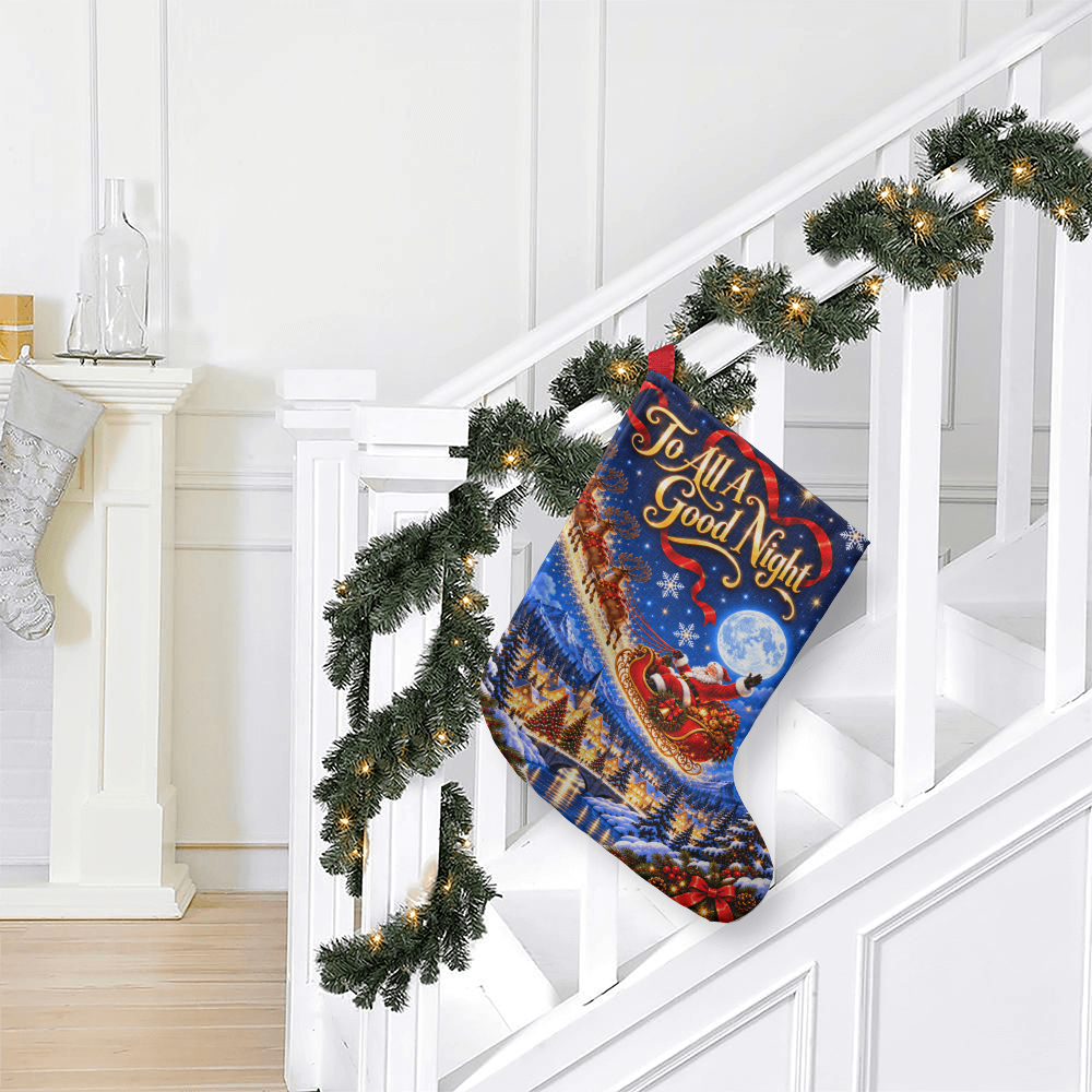 To All A Good Night Giant Christmas Stocking – Santa Sleigh & Reindeer Holiday Stocking Decor