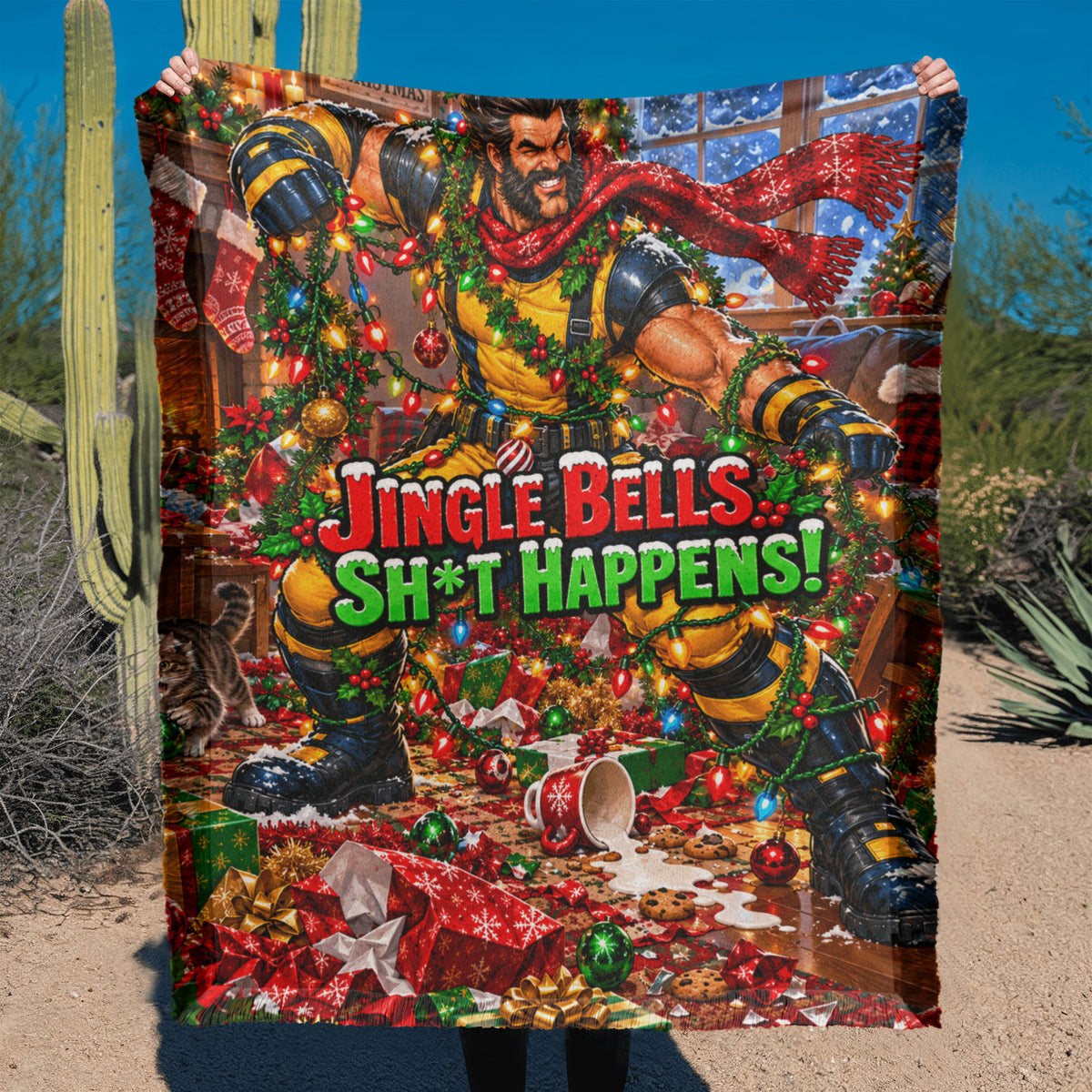 Jingle Bells Sh*t Happens Funny Christmas Woven Throw Blanket- Adult Holiday Gift
