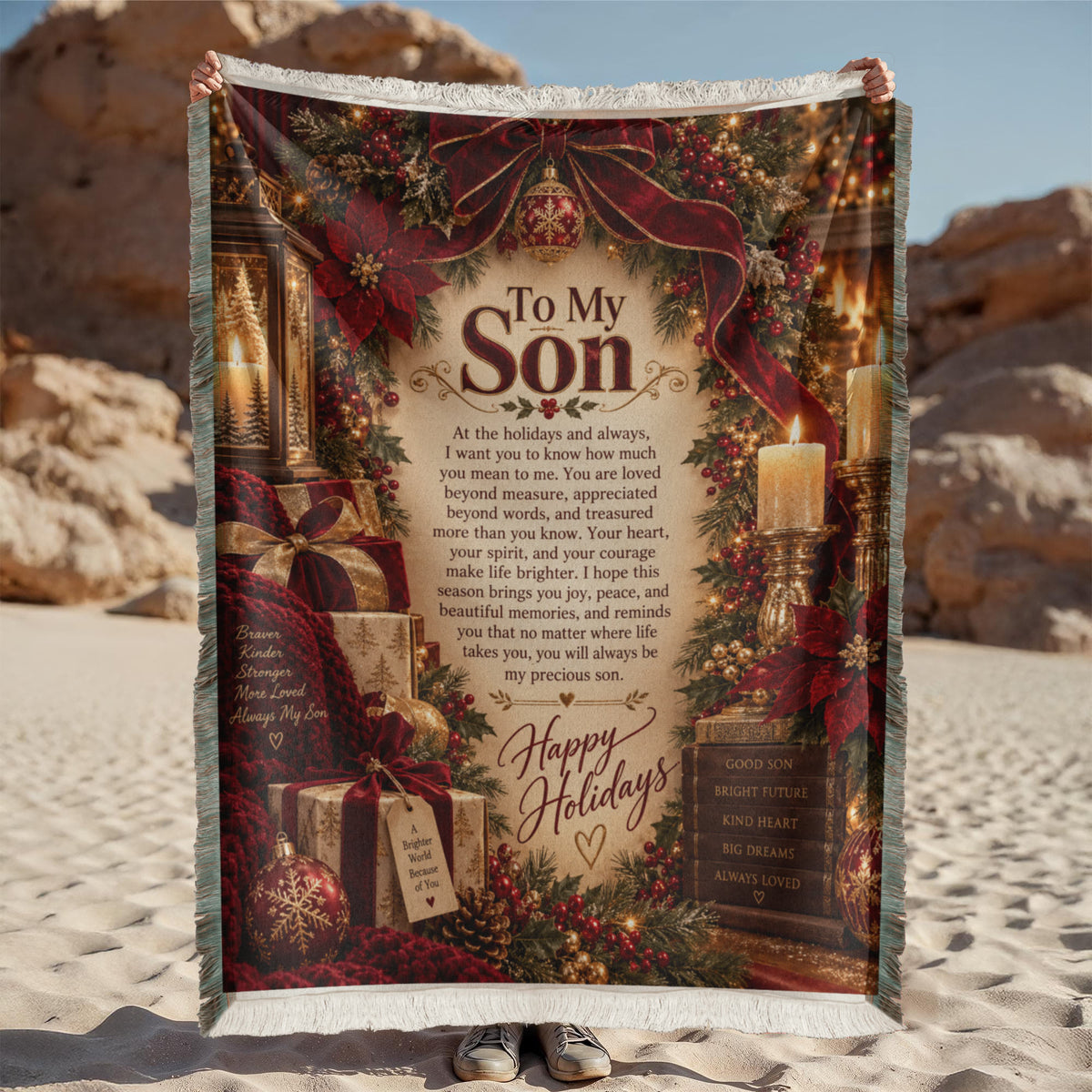 Son Happy Holidays Printed Red Woven Blanket – Heartfelt Christmas Keepsake Gift