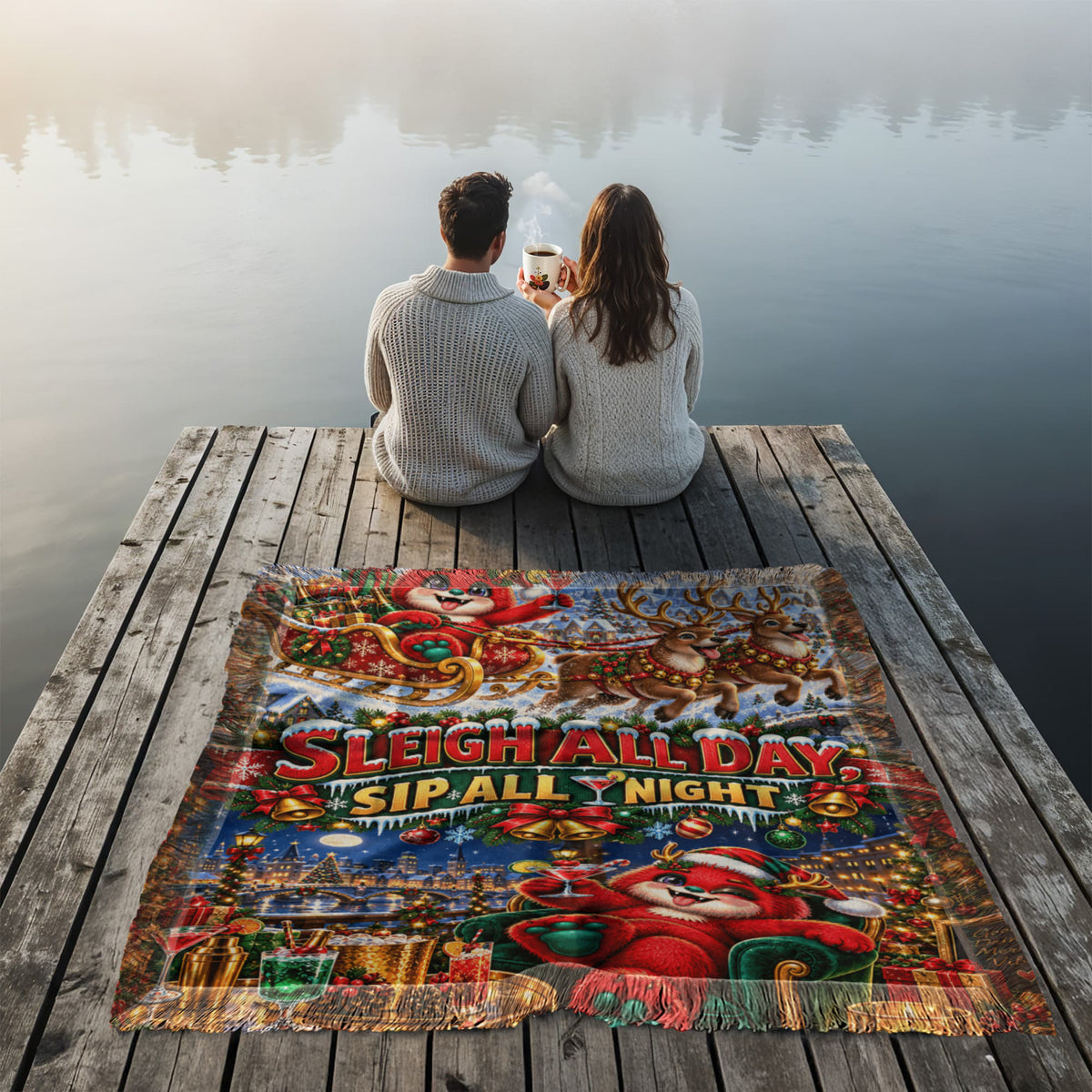 Sleigh All Day Sip All Night Funny Christmas Woven Throw Blanket –Holiday Gift for Adults