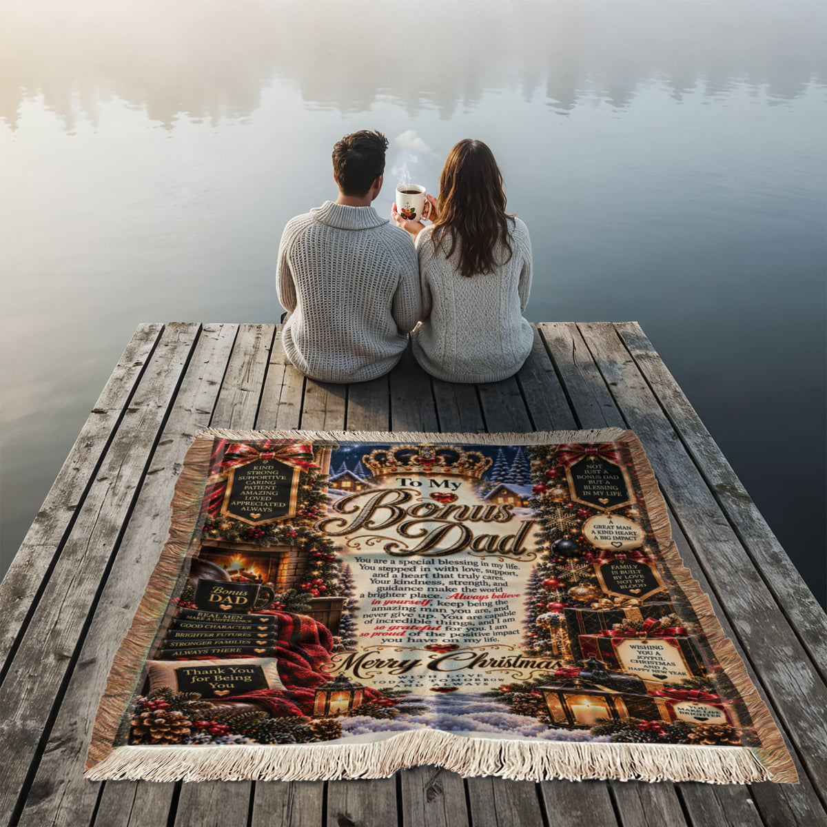 To My Bonus Dad Christmas Woven Blanket – Heartfelt Holiday Keepsake Gift for Bonus Father