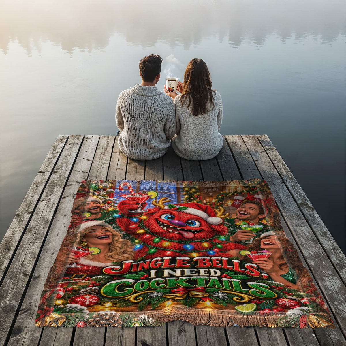 Jingle Bells I Need Cocktails Funny Christmas Woven Throw Blanket –Adult Holiday Gift