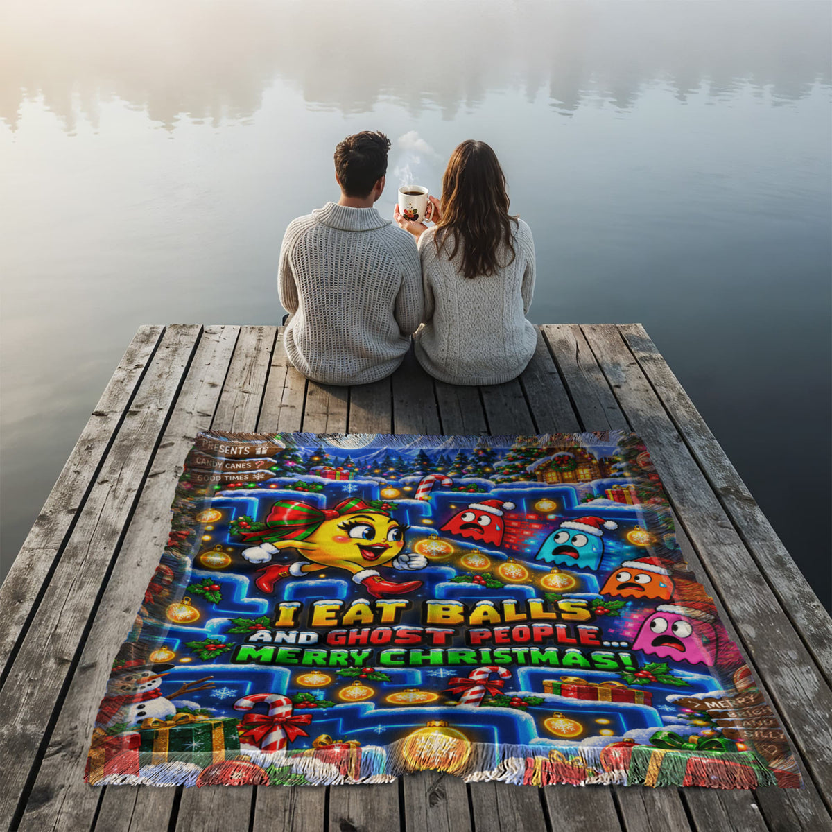 I Eat Balls and Ghost People Funny Christmas Woven Throw Blanket – Retro Arcade Gamer Holiday Gift,