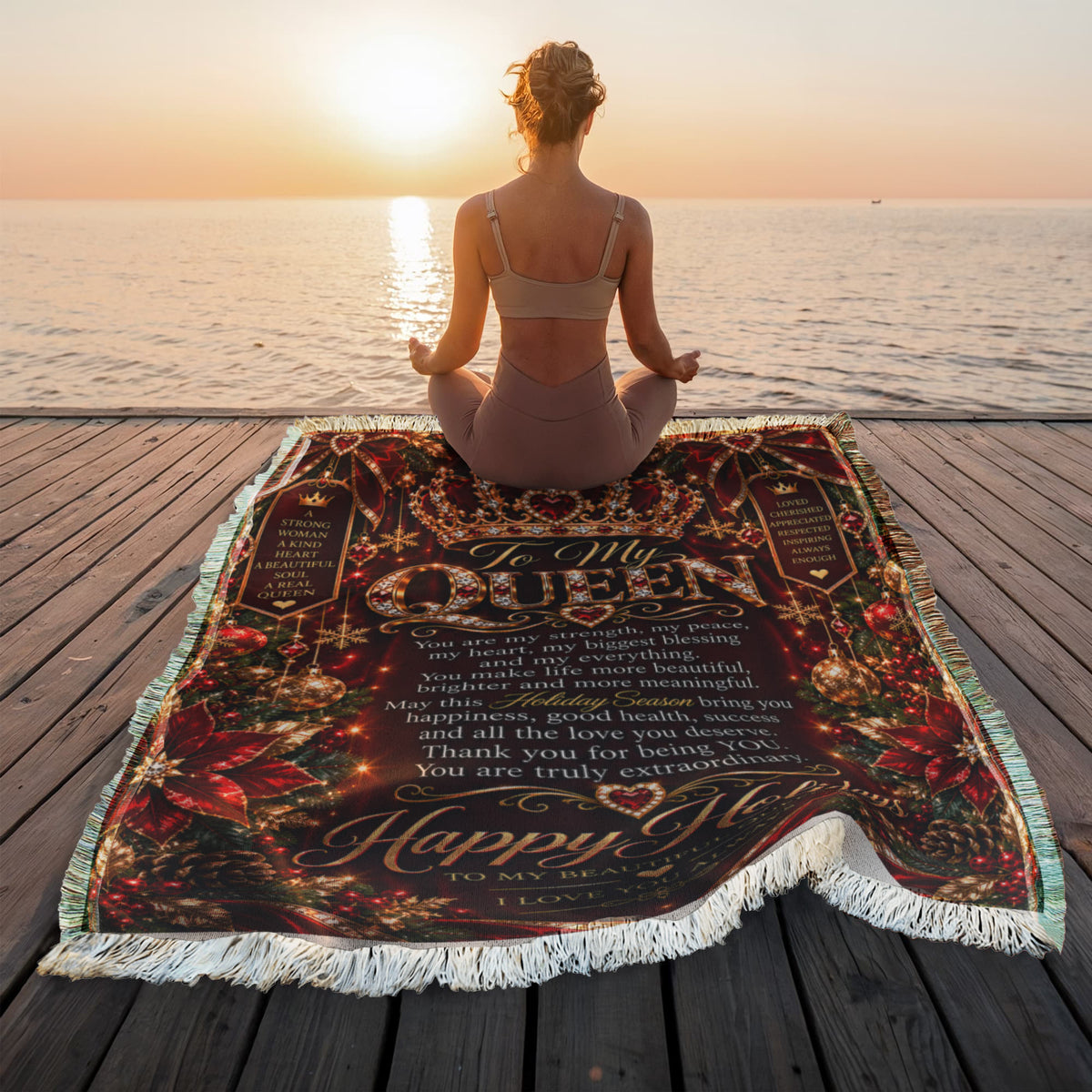 Queen Happy Holidays Printed Woven Blanket – Luxury Romantic Christmas Keepsake Gift