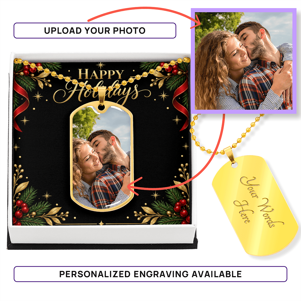 Happy Holidays Custom Photo Dog Tag Necklace – Personalized Holiday Jewelry Gift