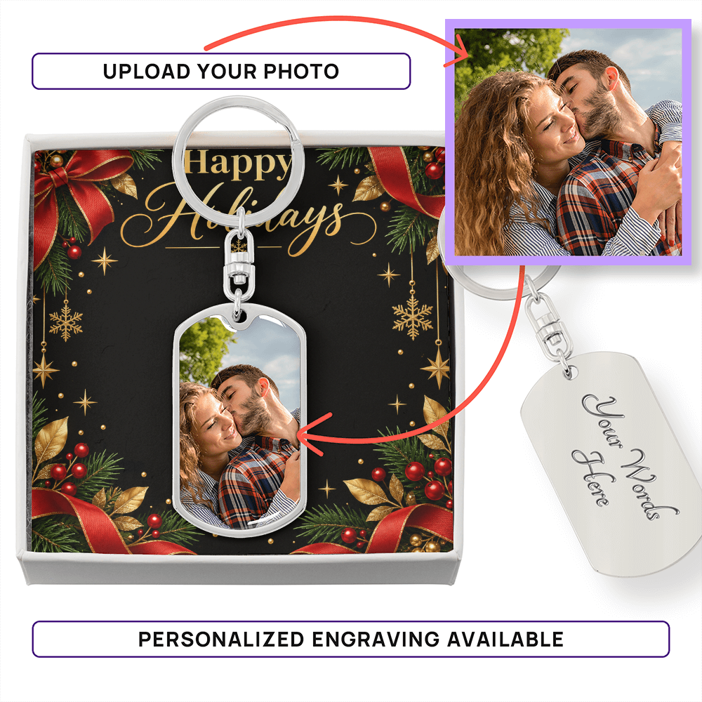 Happy Holidays Personalized Dog Tag Keychain – Custom Photo Gift