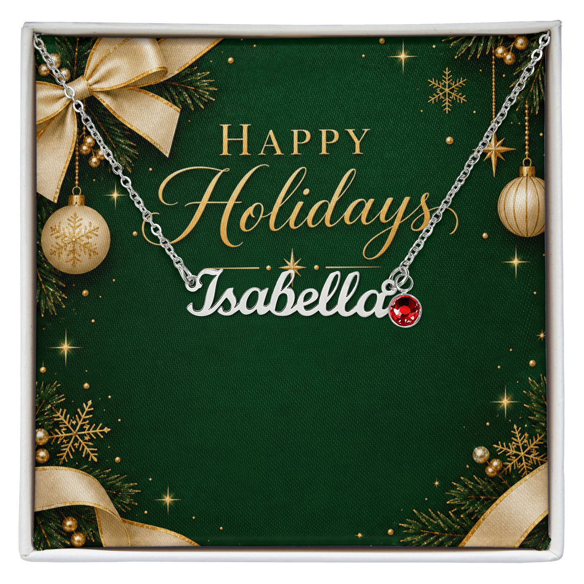 Custom Happy Holidays Name Necklace with Birthstone – Personalized Christmas Gift for Women