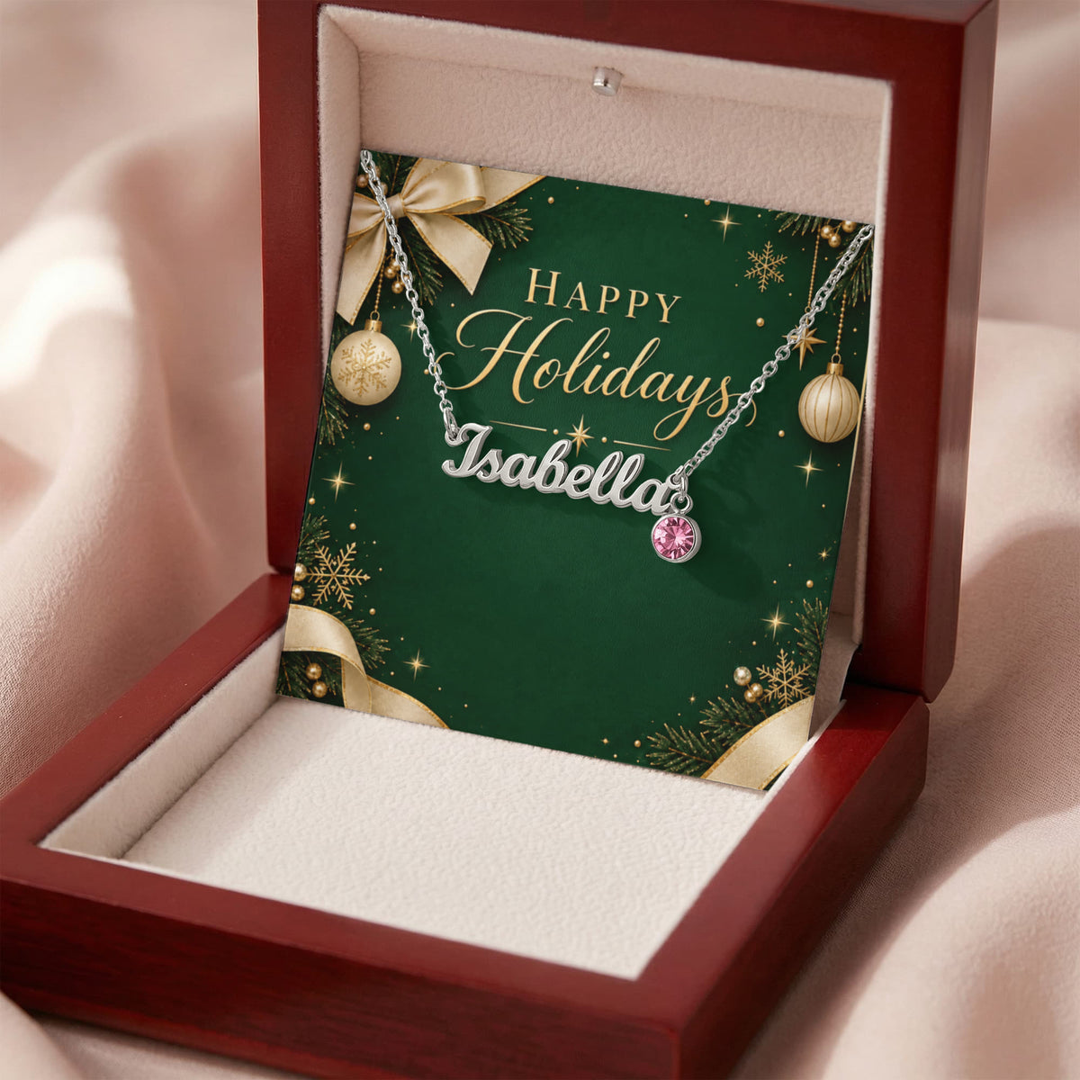 Custom Happy Holidays Name Necklace with Birthstone – Personalized Christmas Gift for Women