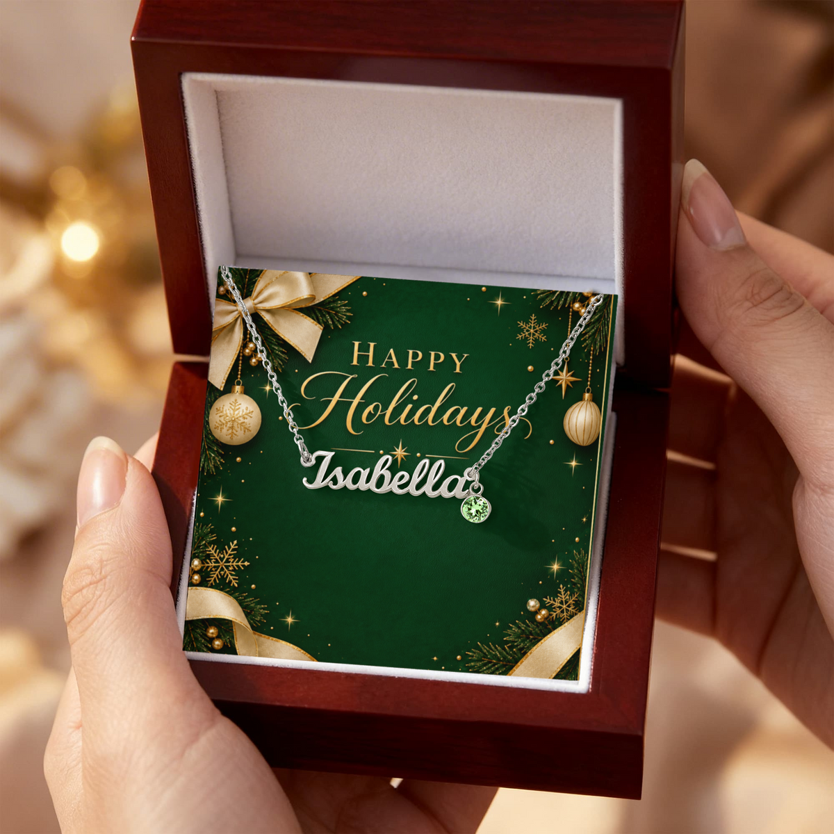 Custom Happy Holidays Name Necklace with Birthstone – Personalized Christmas Gift for Women