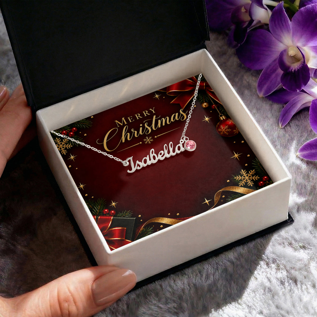 Personalized Name Necklace with Birthstone – Merry Christmas Custom Jewelry Gift for Her