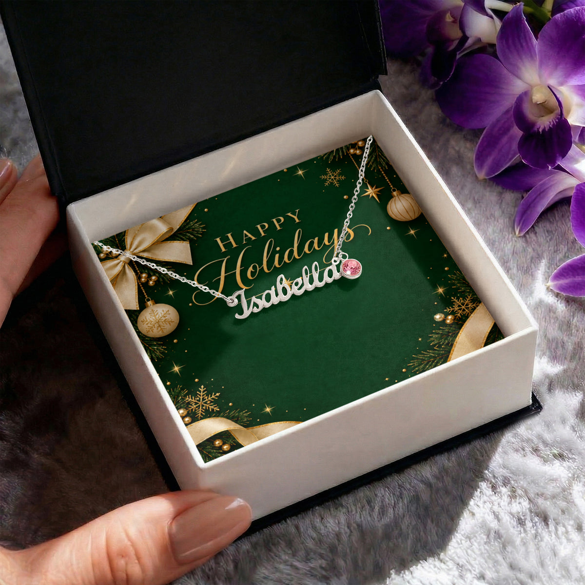 Custom Happy Holidays Name Necklace with Birthstone – Personalized Christmas Gift for Women