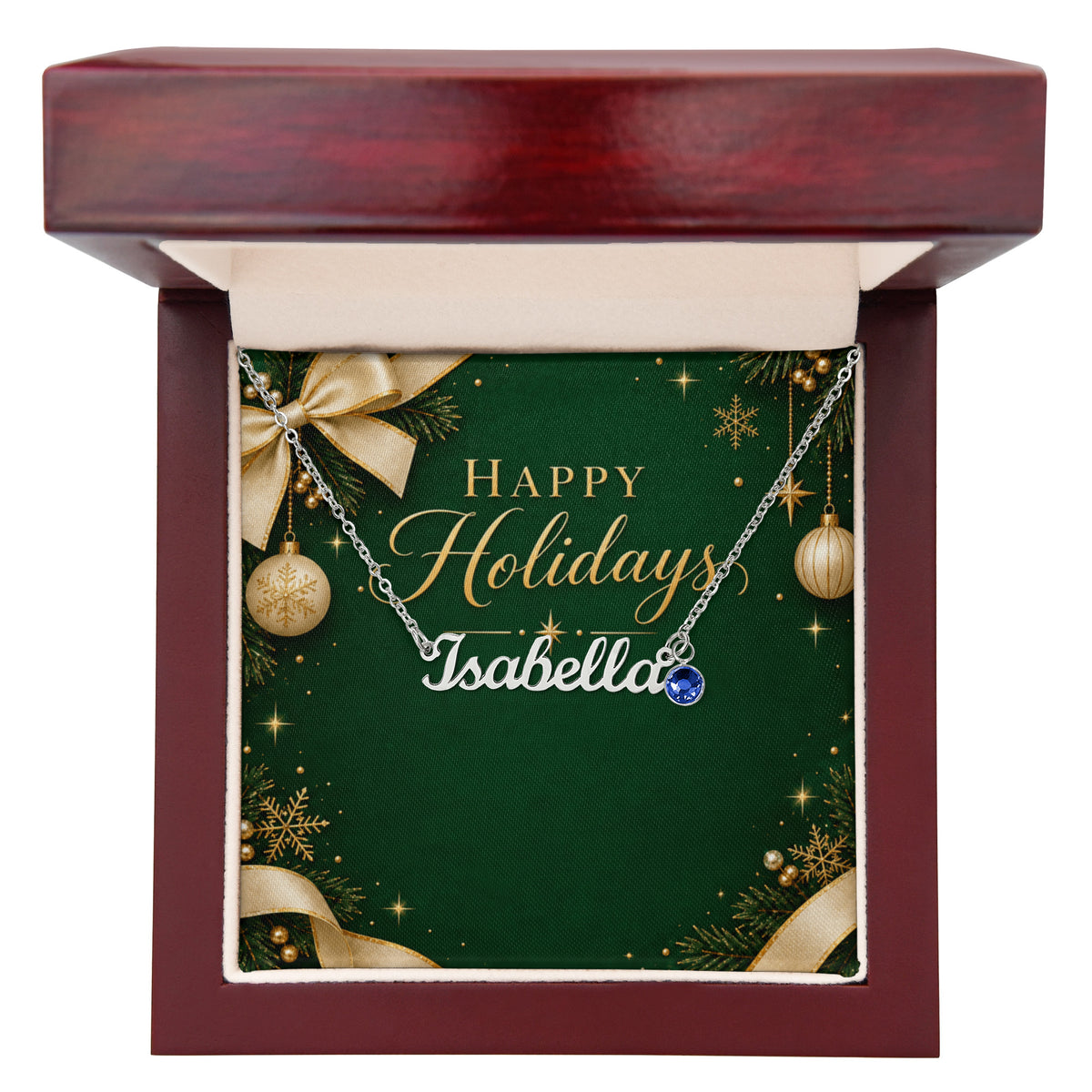 Custom Happy Holidays Name Necklace with Birthstone – Personalized Christmas Gift for Women