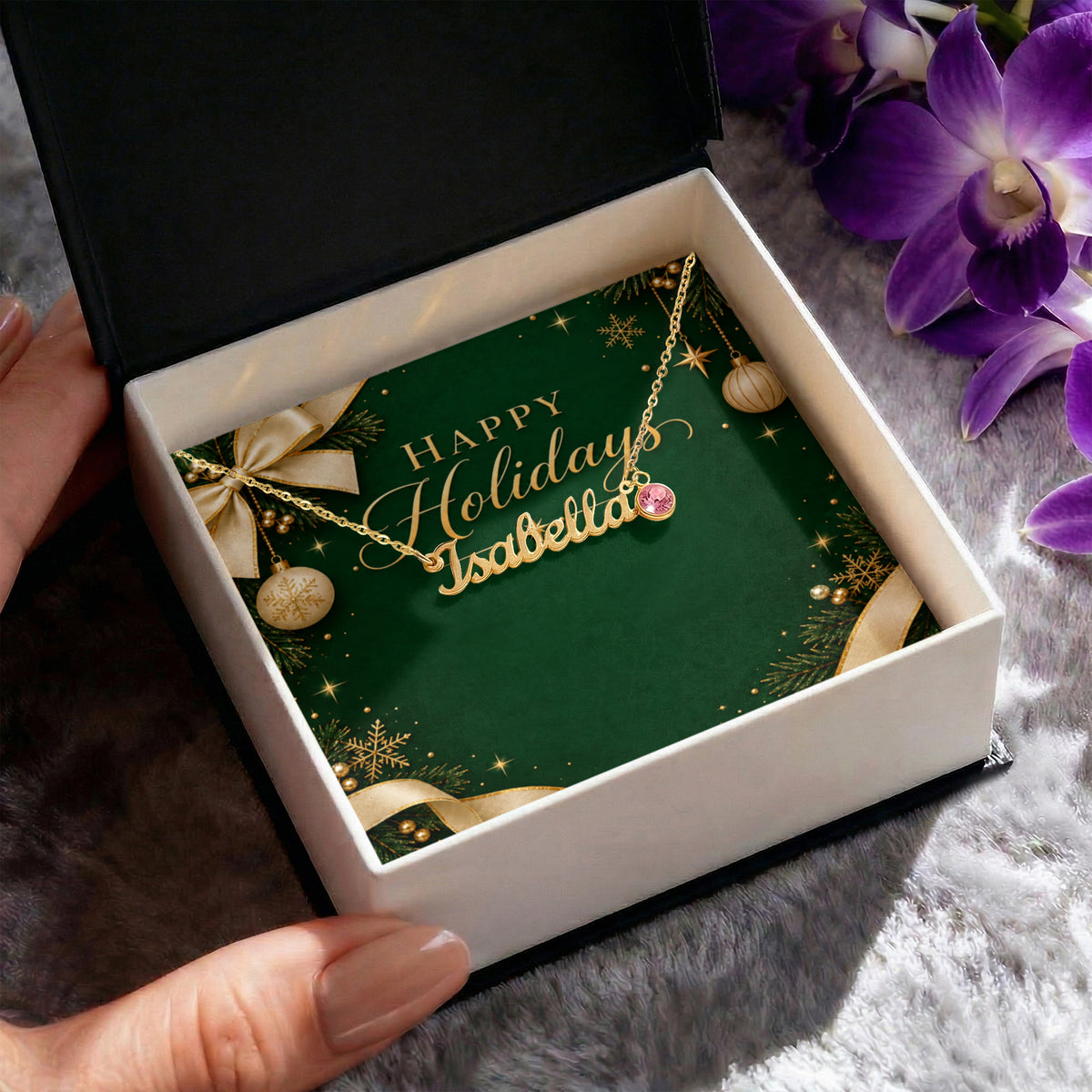 Custom Happy Holidays Name Necklace with Birthstone – Personalized Christmas Gift for Women