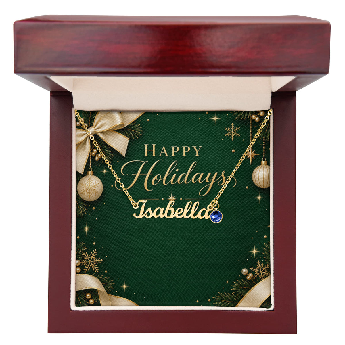 Custom Happy Holidays Name Necklace with Birthstone – Personalized Christmas Gift for Women