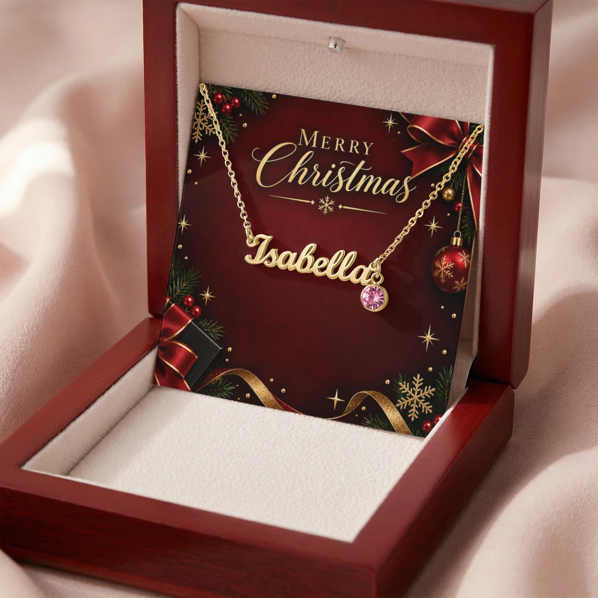 Personalized Name Necklace with Birthstone – Merry Christmas Custom Jewelry Gift for Her