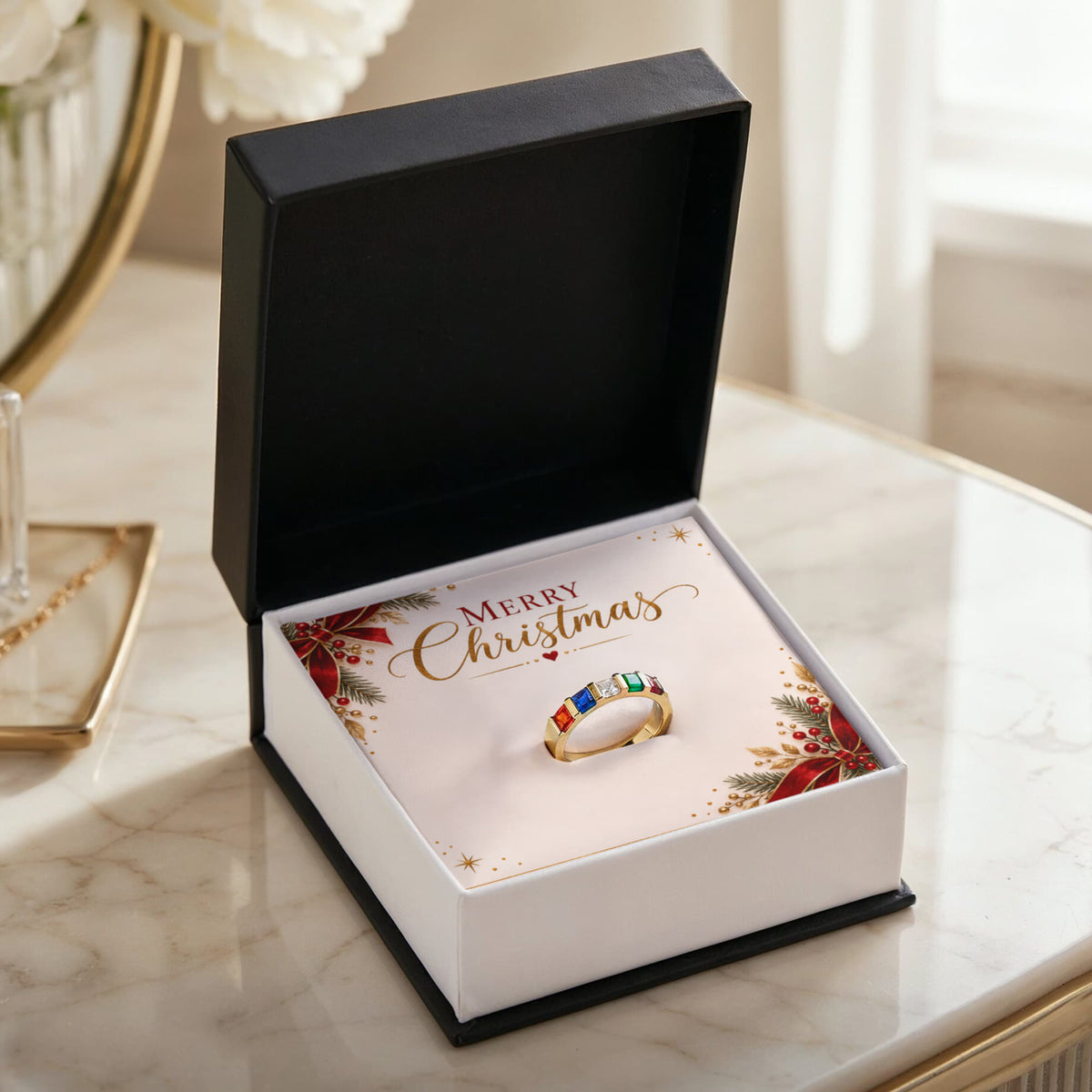 Merry Christmas Stackable Birthstone Ring – Personalized Holiday Jewelry Gift for Her