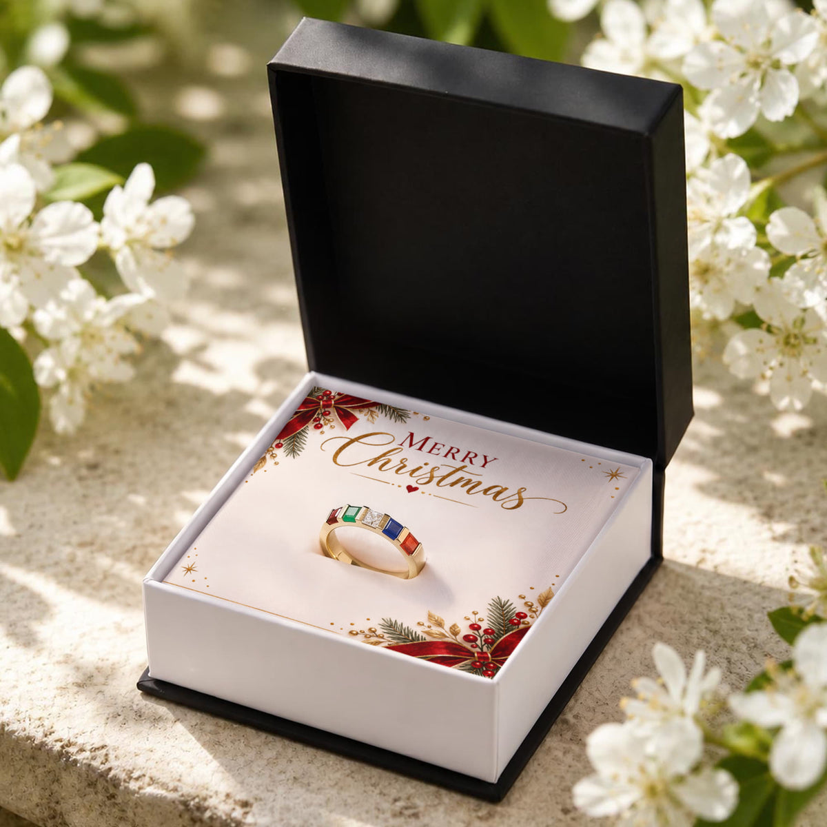 Merry Christmas Stackable Birthstone Ring – Personalized Holiday Jewelry Gift for Her
