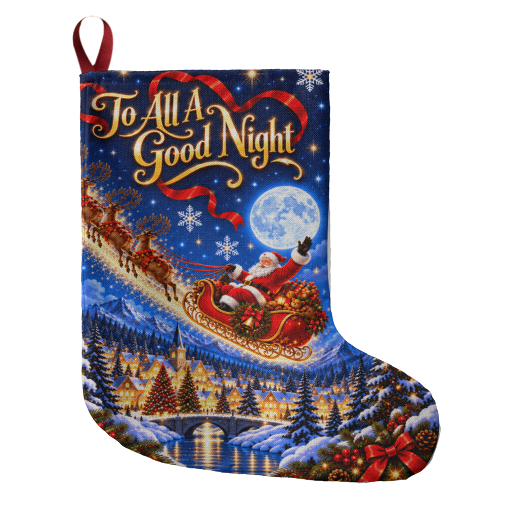 To All A Good Night Giant Christmas Stocking – Santa Sleigh & Reindeer Holiday Stocking Decor