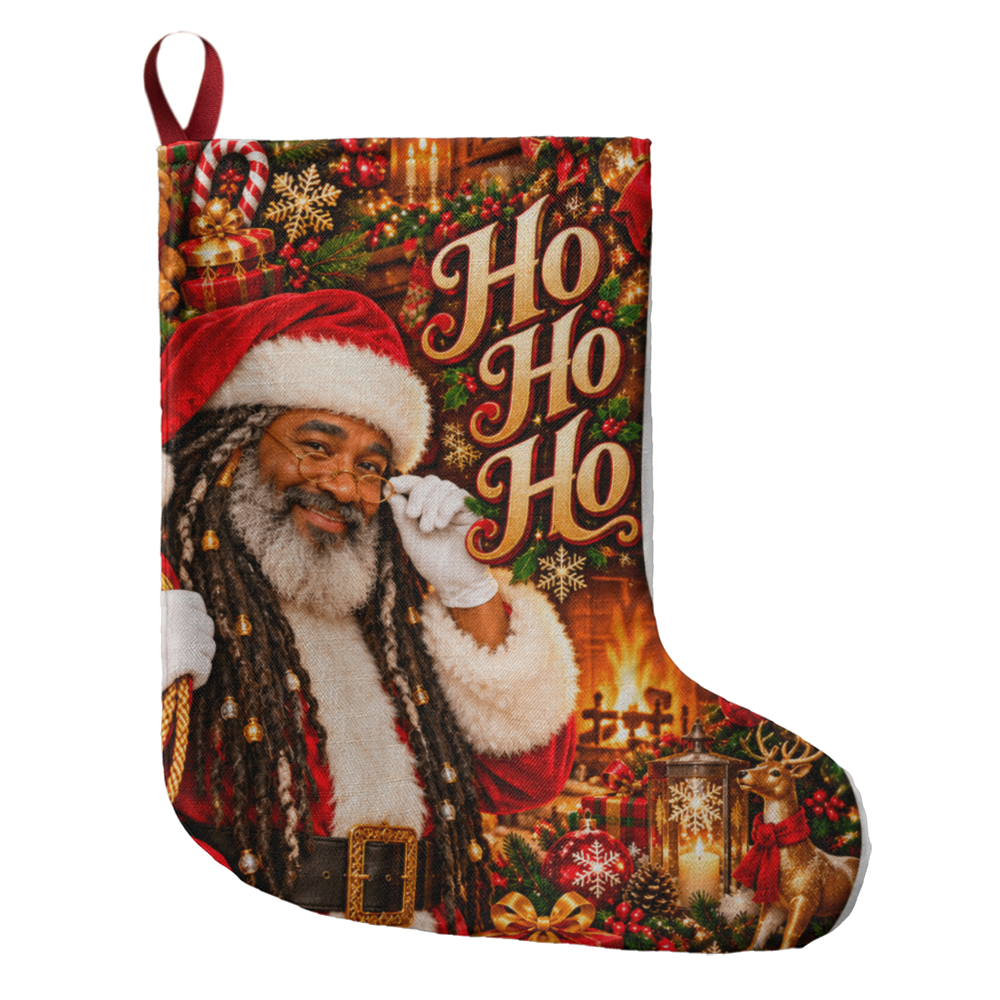 Ho Ho Ho Brown Skinned Santa Giant Christmas Stocking – Faux Locs Santa Oversized Holiday Stocking