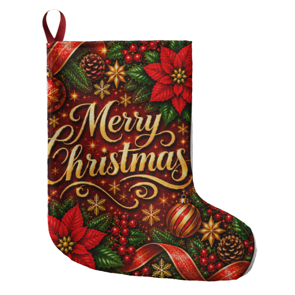 Merry Christmas Giant Christmas Stocking – Red Gold Poinsettia Luxury Holiday Stocking