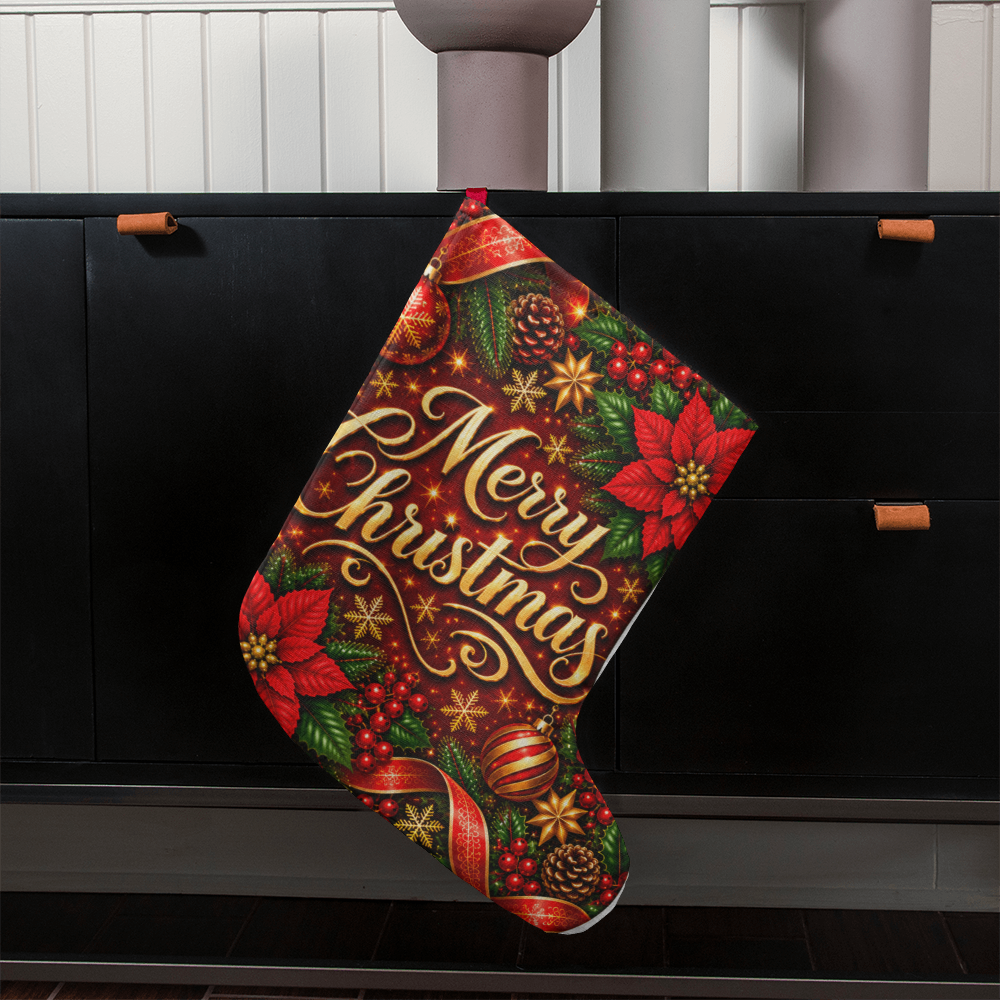 Merry Christmas Giant Christmas Stocking – Red Gold Poinsettia Luxury Holiday Stocking
