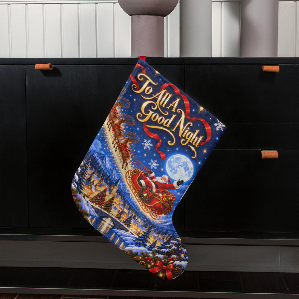 To All A Good Night Giant Christmas Stocking – Santa Sleigh & Reindeer Holiday Stocking Decor