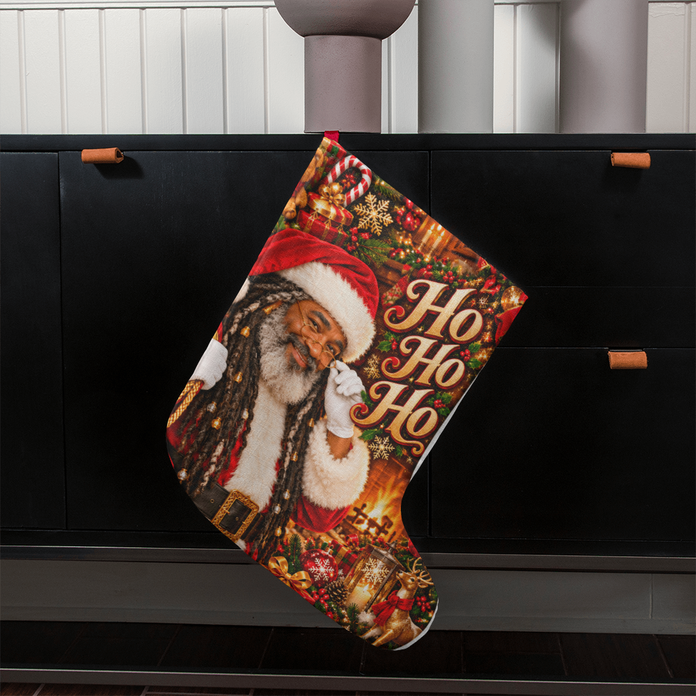 Ho Ho Ho Brown Skinned Santa Giant Christmas Stocking – Faux Locs Santa Oversized Holiday Stocking