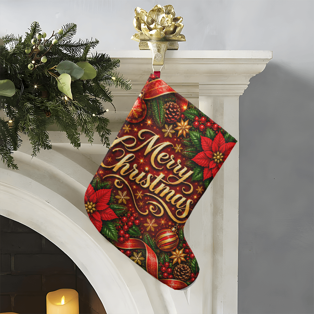 Merry Christmas Giant Christmas Stocking – Red Gold Poinsettia Luxury Holiday Stocking