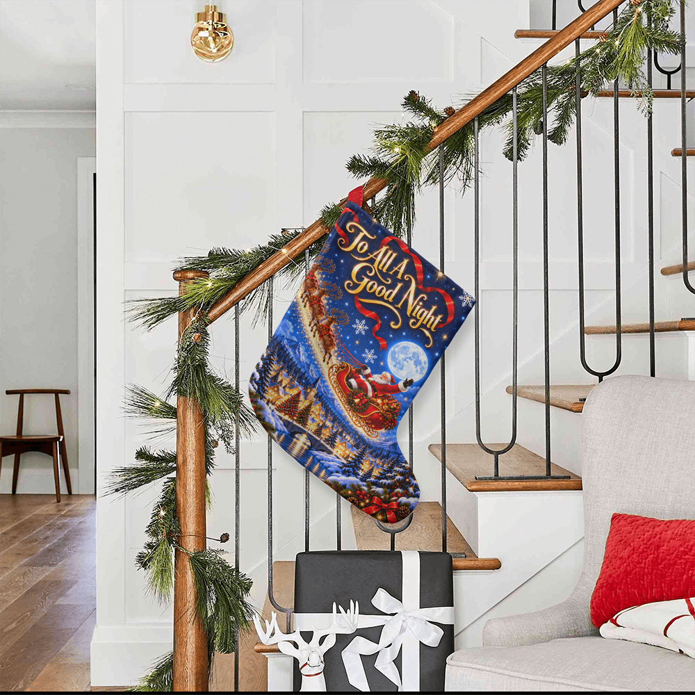 To All A Good Night Giant Christmas Stocking – Santa Sleigh & Reindeer Holiday Stocking Decor