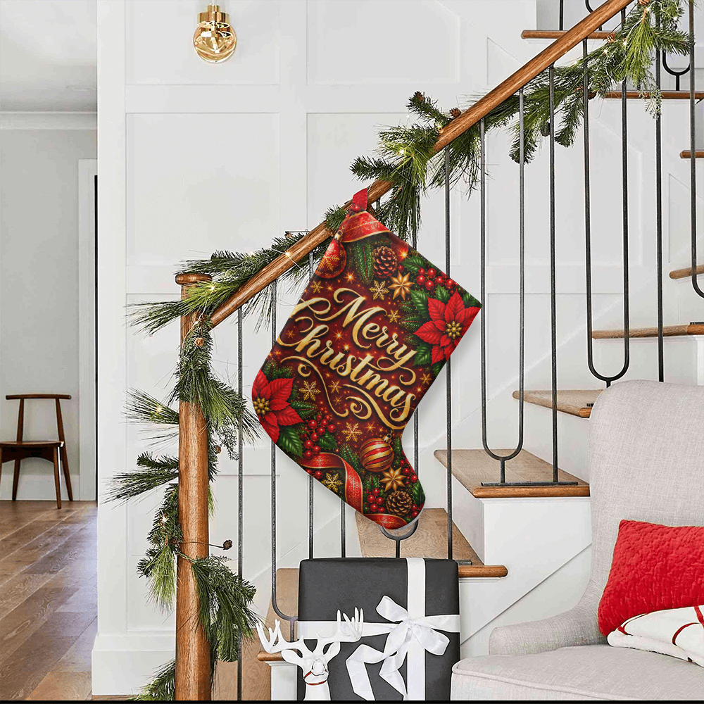 Merry Christmas Giant Christmas Stocking – Red Gold Poinsettia Luxury Holiday Stocking