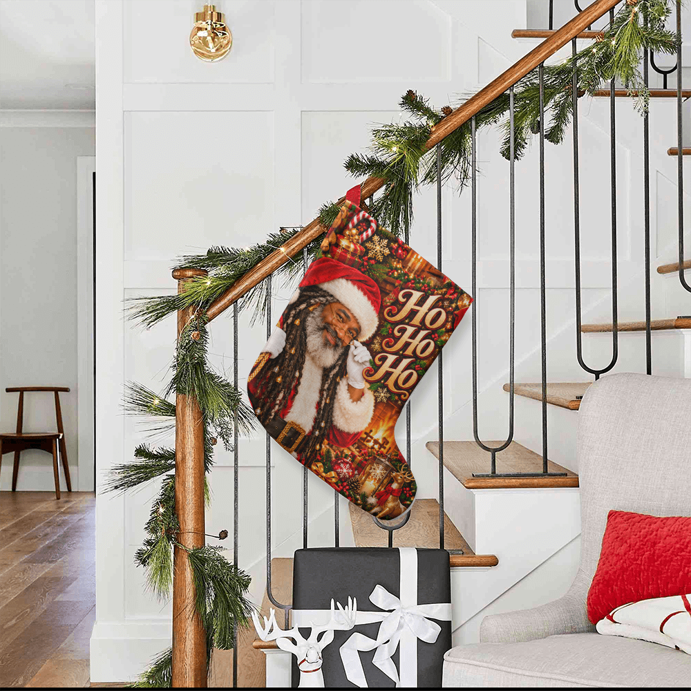 Ho Ho Ho Brown Skinned Santa Giant Christmas Stocking – Faux Locs Santa Oversized Holiday Stocking