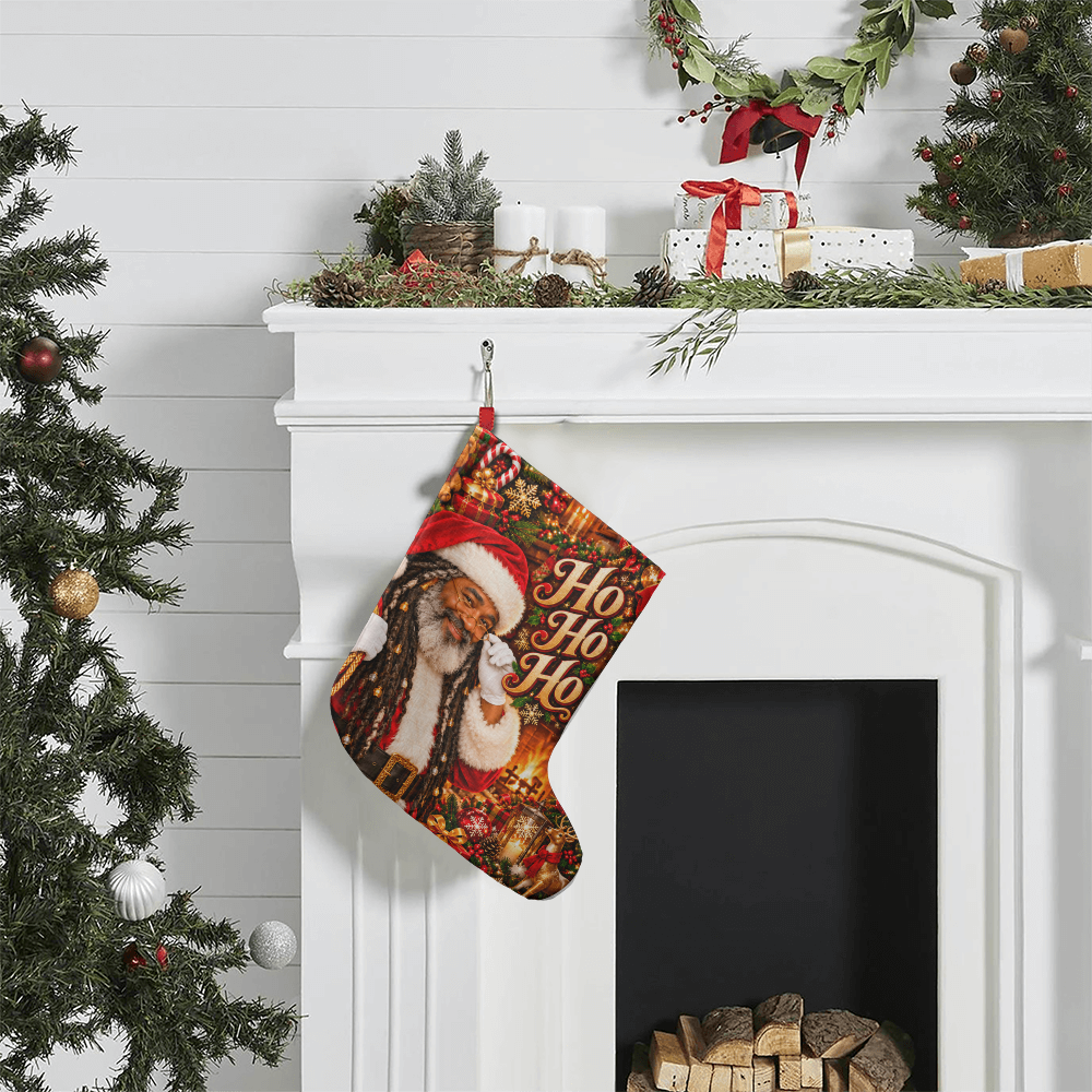 Ho Ho Ho Brown Skinned Santa Giant Christmas Stocking – Faux Locs Santa Oversized Holiday Stocking