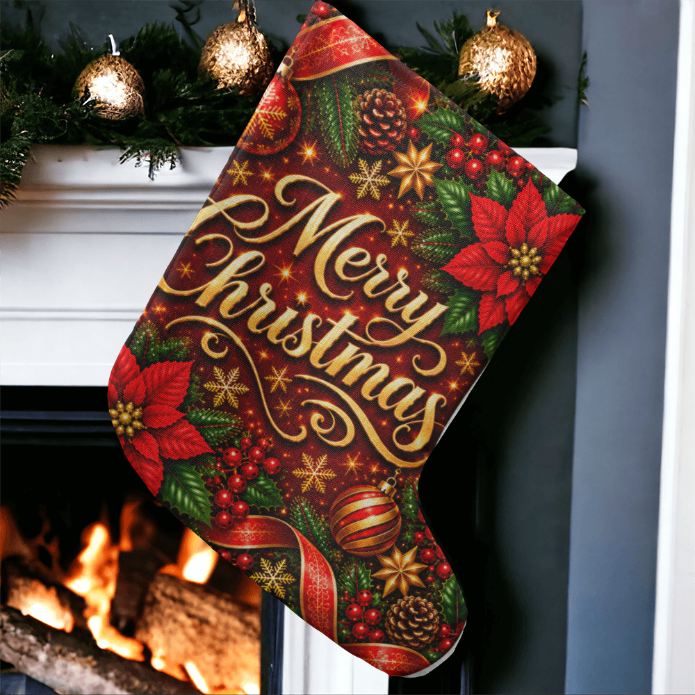 Merry Christmas Giant Christmas Stocking – Red Gold Poinsettia Luxury Holiday Stocking