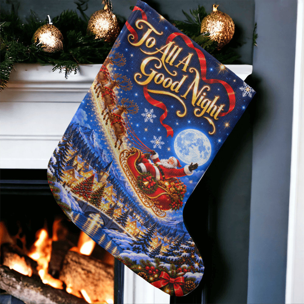 To All A Good Night Giant Christmas Stocking – Santa Sleigh & Reindeer Holiday Stocking Decor