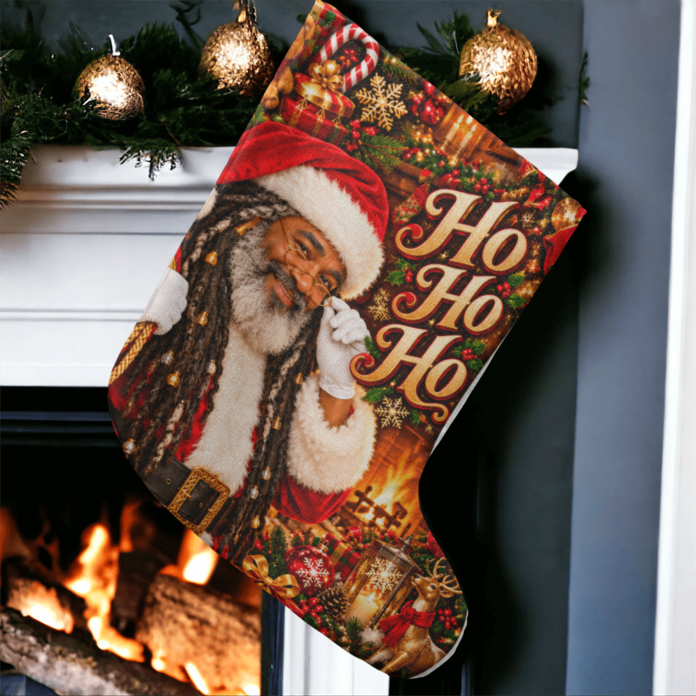 Ho Ho Ho Brown Skinned Santa Giant Christmas Stocking – Faux Locs Santa Oversized Holiday Stocking