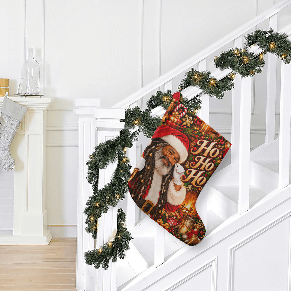 Ho Ho Ho Brown Skinned Santa Giant Christmas Stocking – Faux Locs Santa Oversized Holiday Stocking