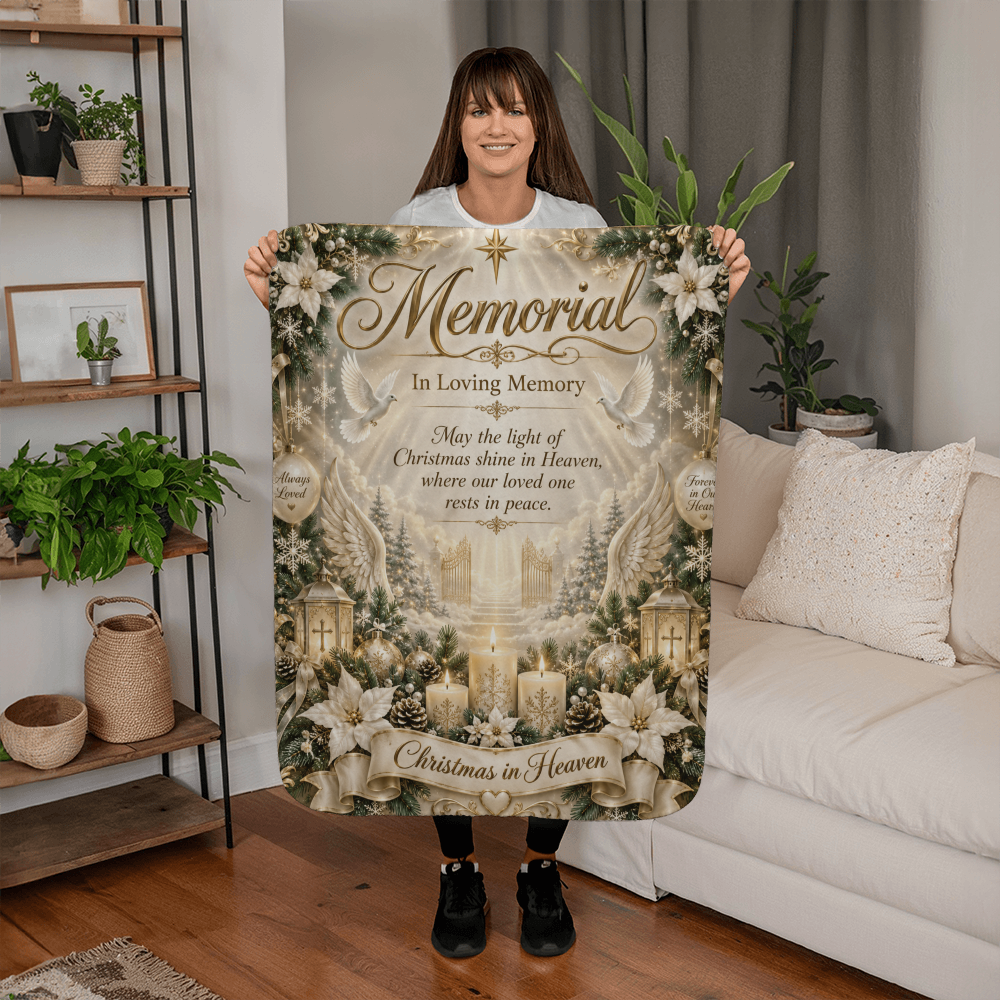 Christmas in Heaven Memorial Sherpa Fleece Blanket – Sympathy Remembrance Gift for Loss of Loved One