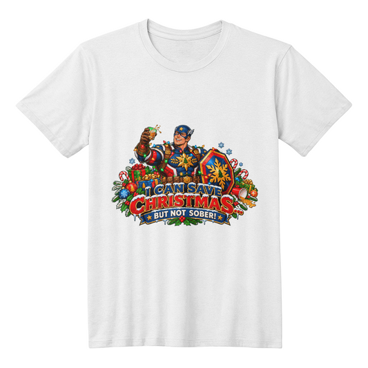 Patriotic Superhero Adult Humor Christmas T-Shirt -" I Can Save Christmas but Not Sober" Funny Holiday Shirt
