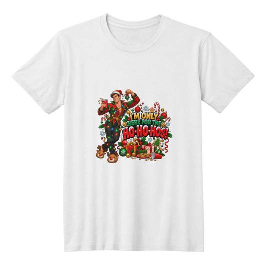 Red-Masked Wisecracking Antihero Adult Humor Christmas T-Shirt - Funny "Here for the Ho-Ho-Hos" Holiday Shirt
