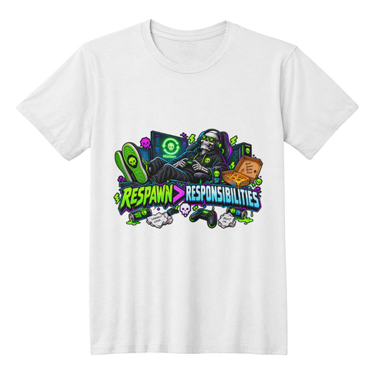"Respawn Over Responsibilities" Funny Gaming T-Shirt - Skeleton Gamer Adult Humor