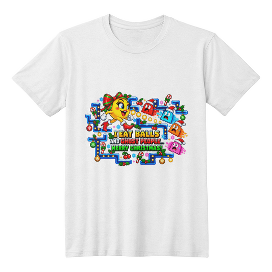 I Eat Balls and Ghost People...Merry Christmas! Retro Arcade Holiday T-Shirt