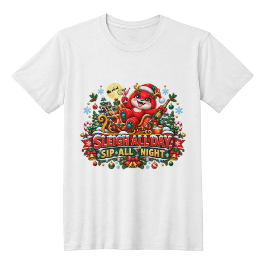 "Sleigh All Day, Sip All Night" Funny Red Monster Christmas T-Shirt