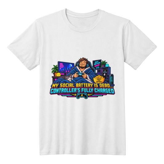 "My Social Battery Is Dead Controller's Fully Charged" T-Shirt- Funny Introvert Gamer (Christmas Gift)