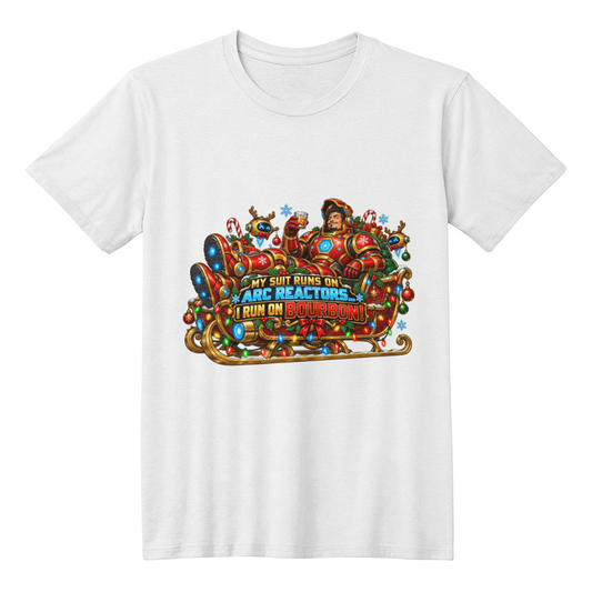 Red and Gold Armored Hero Adult Humor Christmas T-shirt - "Powered by Bourbon" Funny Holiday Shirt
