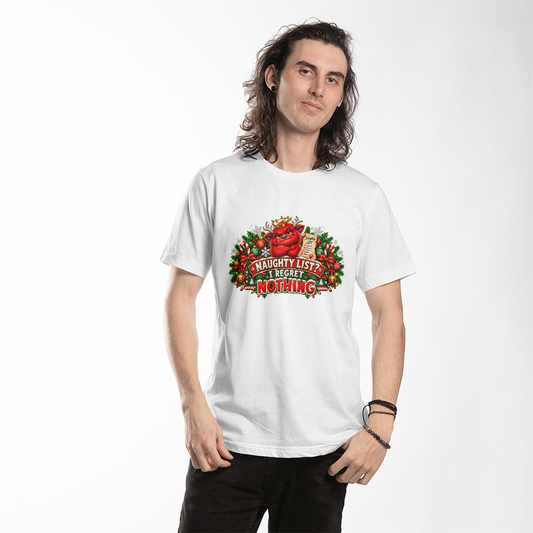 "Naughty List?, I Regret Nothing" Holiday Shirt (Funny Red Monster Christmas T- Shirt)