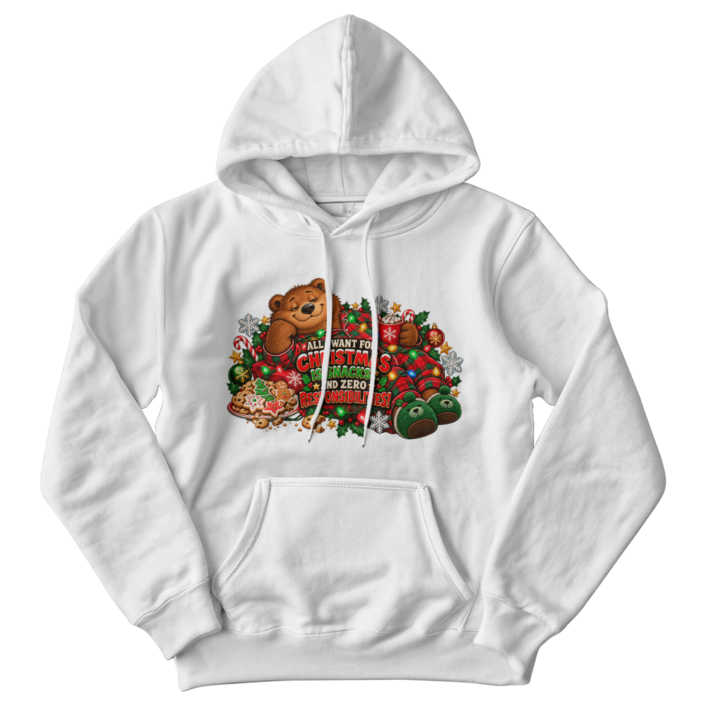 "All I Want for Christmas Is Snacks" Funny Bear Christmas Sweater - Cozy Holiday Pajama Sweatshirt