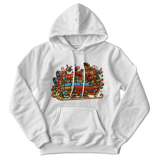 Red and Gold Armored Hero Adult Humor Christmas Sweater- "Powered by Bourbon" Funny Holiday Sweatshirt