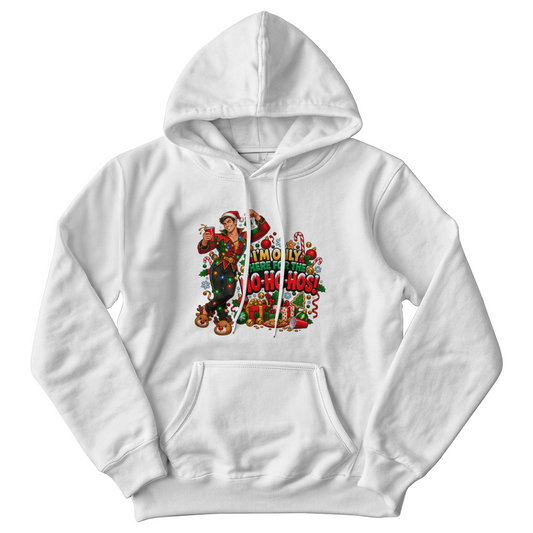 Red- Masked Wisecracking Antihero Adult Humor Christmas Sweater - Funny "Here for the Ho-Ho-Hos" Holiday Sweatshirt